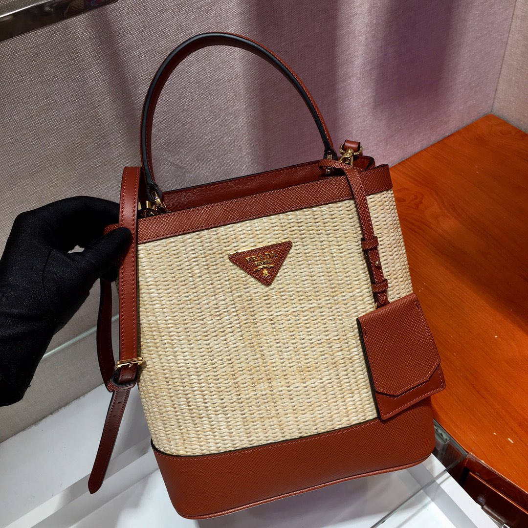 Prada Medium Panier Saffiano Leather And Weaving Materials Bag Tan/Caramel 1BA212